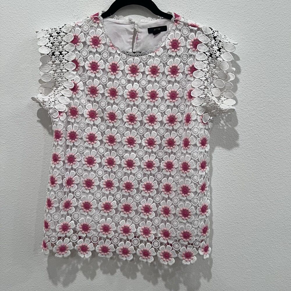 J Crew White Coral Pink Floral Crochet Short Sleeve Blouse Small Spring Easter - Picture 2 of 7